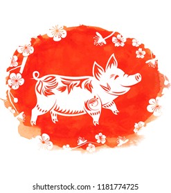 Watercolor Background with Floral Pig, Zodiac Symbol of 2019 Year, Blossom Sakura Flowers - Illustration Vector