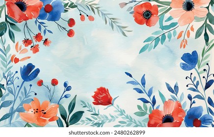 watercolor background with flowers, frame, for design, with space	
