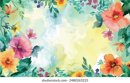 watercolor background with flowers, frame, for design, with space