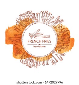 Watercolor background with french fries and potatoes. Fast food. Vector hand drawn illustration