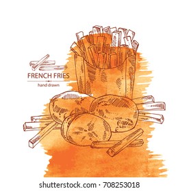 Watercolor background with french fries and potatoes. Fast food. Vector hand drawn illustration.
