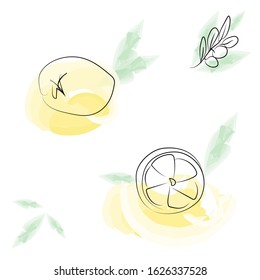 Watercolor background fresh lemon with green leaves on an isolated white background. Set of hand drawing elements. Watercolor illustration. Lemon. Yellow. Citrus. Food element for your design.
