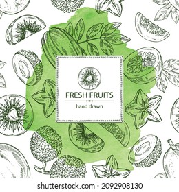 Watercolor background with fruits: carambola fruit, lichee, passion fruit and kiwi. Vector hand drawn illustration.