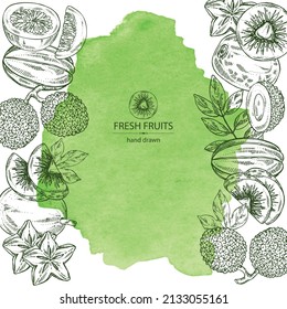 Watercolor background with fruits: carambola fruit, lichee, passion fruit and kiwi. Vector hand drawn illustration.