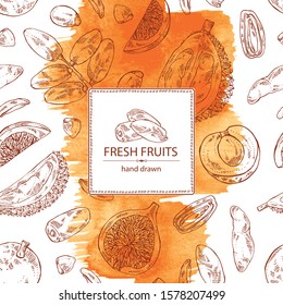 Watercolor background with fruits: figs fruit, dates, durian frut and longan. Vector hand drawn illustration.