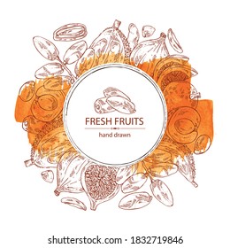 Watercolor Background With Fruits: Figs Fruit, Dates, Durian Frut And Longan. Vector Hand Drawn Illustration.