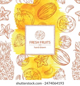 Watercolor background with fruits: kepundung fruit, pineapple, carambola and mangosteen. Vector hand drawn illustration.