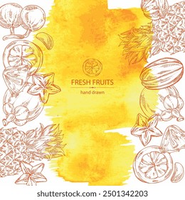 Watercolor background with fruits: kepundung fruit, pineapple, carambola and mangosteen. Vector hand drawn illustration.