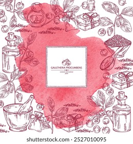 Watercolor background with  gaultheria procumbens: gaultheria procumbens plant, flowers and gaultheria procumbens berries. Oil, soap and bath salt . Cosmetics and medical plant. Vector hand drawn