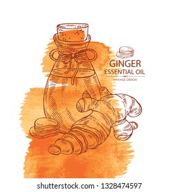 Watercolor background with ginger and bottle of ginger essential oil. Cosmetic, perfumery and medical plant. Vector hand drawn