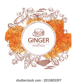 Watercolor background with ginger: ginger root and slise ginger. Oil, soap and bath salt . Cosmetics and medical plant. Vector hand drawn illustration
