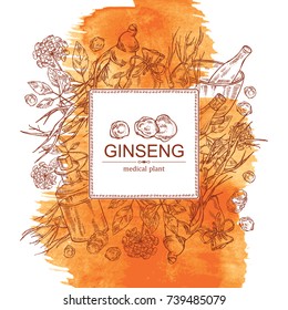 watercolor background with ginseng: root, plant, bottle, tincture, mortar and pestle. Medical plant. hand drawn
