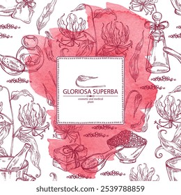 Watercolor background with  gloriosa superba: gloriosa superba plant, leaves and gloriosa superba flowers. Oil, soap and bath salt . Cosmetics and medical plant. Vector hand drawn illustration