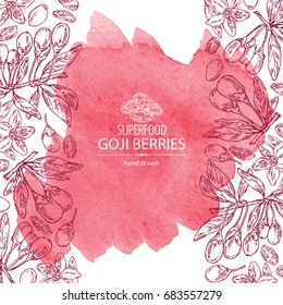 Watercolor background with goji: plant, flower and goji berries. Superfood. Vector hand drawn illustration.