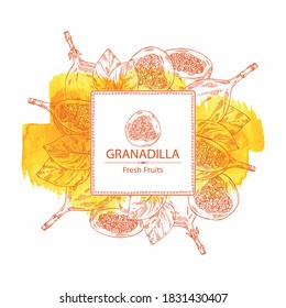 Watercolor background with granadilla: fruit, granadilla slice and leaves. Vector hand drawn illustration.