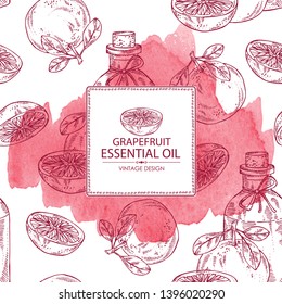 Watercolor background with grapefruit and bottle of grapefruit essential oil. Cosmetic, perfumery and medical plant. Vector hand drawn