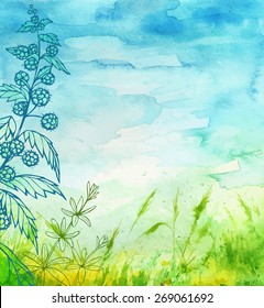 Watercolor background. Grass and sky.