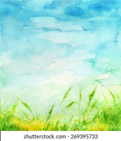 Watercolor Background. Grass And Sky.