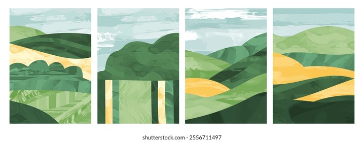 Watercolor background with green color, abstract splotch or brush stroke. Vintage landscape design of hill, forest, meadow, spring summer texture. Minimalist, artistic, earthy pattern, wall art design