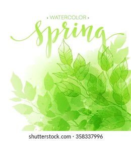 Watercolor background with green leaves. Vector illustration 