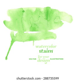 Watercolor background. Green Watercolor Spots. Creative Abstract Aquarelle art handmade paint on white Background. Color Drops, blots and Spray for your design. Vector illustration.