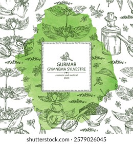 Watercolor background with gymnema sylvestre: gymnema sylvestre plant, gurmar leaves and gymnema sylvestre flowers.  Oil, soap and bath salt . Cosmetics and medical plant. Vector hand drawn