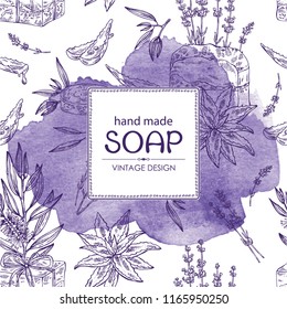 Watercolor background with handmade soap, lavender, aloe and tea tree. Organic cosmetic natural soap. Vector hand drawn illustration.