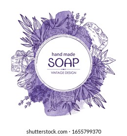 Watercolor background with handmade soap, lavender, aloe and tea tree. Organic cosmetic natural soap. Vector hand drawn illustration.