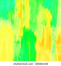 Watercolor background. Handmade texture. Bright acid green, blue and yellow colors. Vector illustration.