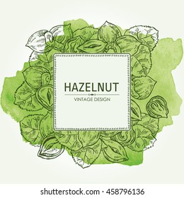 Watercolor background with hazelnut. Hand drawn