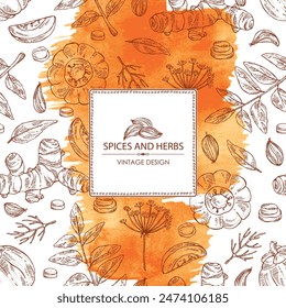 Watercolor background with herbs and spices: garcinia cambogia, turmeric, curry tree, azhgon seeds. Vector hand drawn illustration.