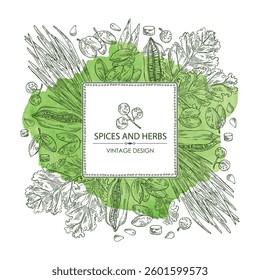 Watercolor background with herbs and spices: kale leaves, sesame seeds, shallot, sichuan pepper. Vector hand drawn illustration.