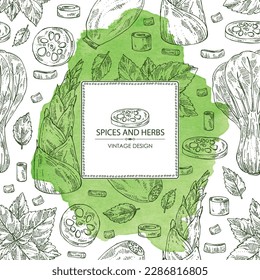 Watercolor background with herbs and spices: perilla, bamboo shoots,  lotus root and bok choy. Vector hand drawn illustration.