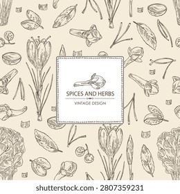 Watercolor background with herbs and spices: saffron, clove tree, sichuan pepper, chard. Vector hand drawn illustration.