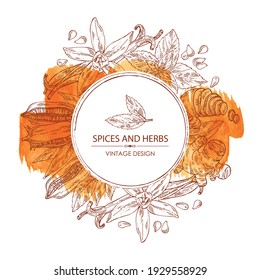 Watercolor background with herbs and spices: vanilla flower with pods ginger root. sesame and mint leaves. Vector hand drawn illustration
