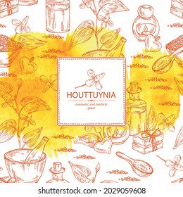 Watercolor background with houttuynia: houttuynia flowers and leaves. Houttuynia cordata, Oil, soap and bath salt . Cosmetics and medical plant. Vector hand drawn illustration