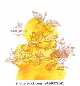 Aquarell-Hintergrund mit Houttuynia: Houttuynia Blumen und Blätter. Houttuynia cordata, Öl, Seife und Badesalz. Kosmetika und medizinische Anlagen. handgezeichnete Vektorgrafik