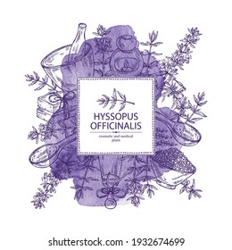Watercolor background with hyssopus officinalis: hyssop flowers and branchand oil, soap ,bath salt . Cosmetics and medical plant. Vector hand drawn illustration