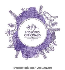 Watercolor background with hyssopus officinalis: hyssop flowers and branchand oil, soap ,bath salt . Cosmetics and medical plant. Vector hand drawn illustration