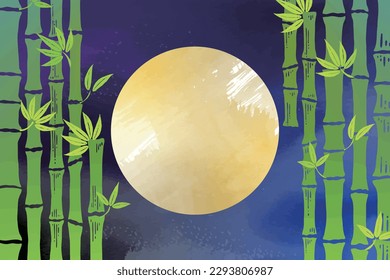 Watercolor background illustrations of a night sky, full moon, and bamboo grove