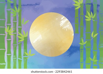 Watercolor background illustrations of a pale night sky, full moon, and bamboo grove