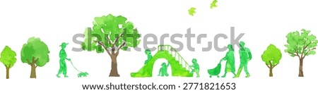 Watercolor background image of a park: green trees and people