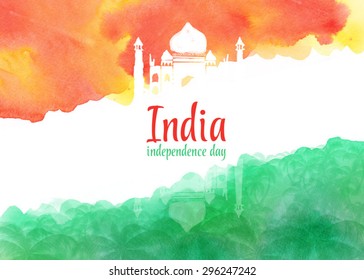 watercolor background for Indian independence day. Background of stylized watercolor drawing the flag of India and contain images of Indian palace and palm trees.