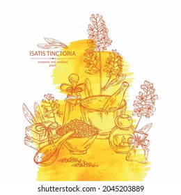 Watercolor background with isatis tinctoria: branch, isatis tinctoria flowers, leaves and bath salt, soap and beauty products. Cosmetic, perfumery and medical plant. Vector hand drawn illustration