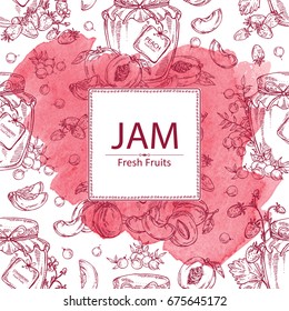 Watercolor background with jar of jam with plum, cranberry, jam with peach and strawberry. Vector hand drawn illustration.