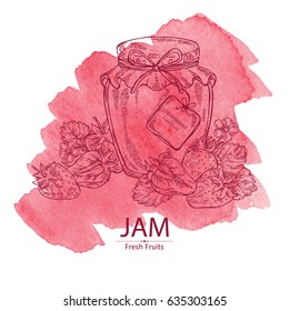 Watercolor background with jar of jam with strawberry. Hand drawn.