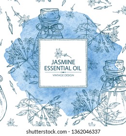 Watercolor background with jasmine flower and bottle of jasmine essential oil. Cosmetic, perfumery and medical plant. Vector hand drawn