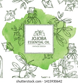 Watercolor background with jojoba nuts and bottle of essential oil. Cosmetic, perfumery and medical plant. Vector hand drawn