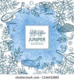 Watercolor background with juniper, berries juniper, essential oil, soap, bath salt and mortar and pestle. Cosmetic, perfumery and medical plant. Vector hand drawn illustration