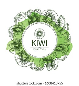 Watercolor background with kiwi fruit and slice of kiwi. Vector hand drawn illustration